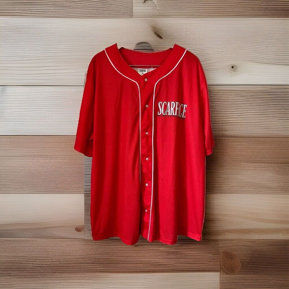 Scarface Tony Montana Red Baseball Jersey 3XL Big & Tall Movie Graphic Button Up